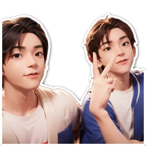 Two boys making peace sign, one with his hand up and the other with his hand down.