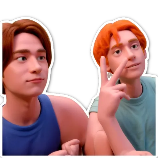 A boy with a blue shirt and a red head sticking his finger in the air.