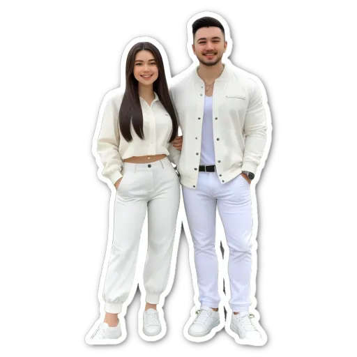 A man and a woman standing together in front of a white background.