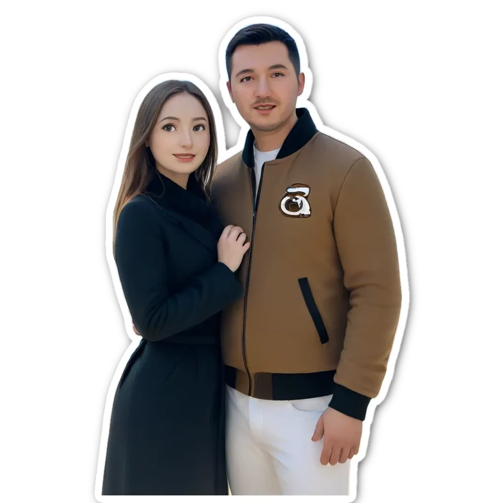 A man and a woman standing together in front of a black and brown jacket.