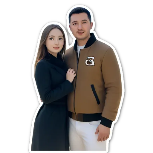 A man and a woman standing together in front of a black and brown jacket.