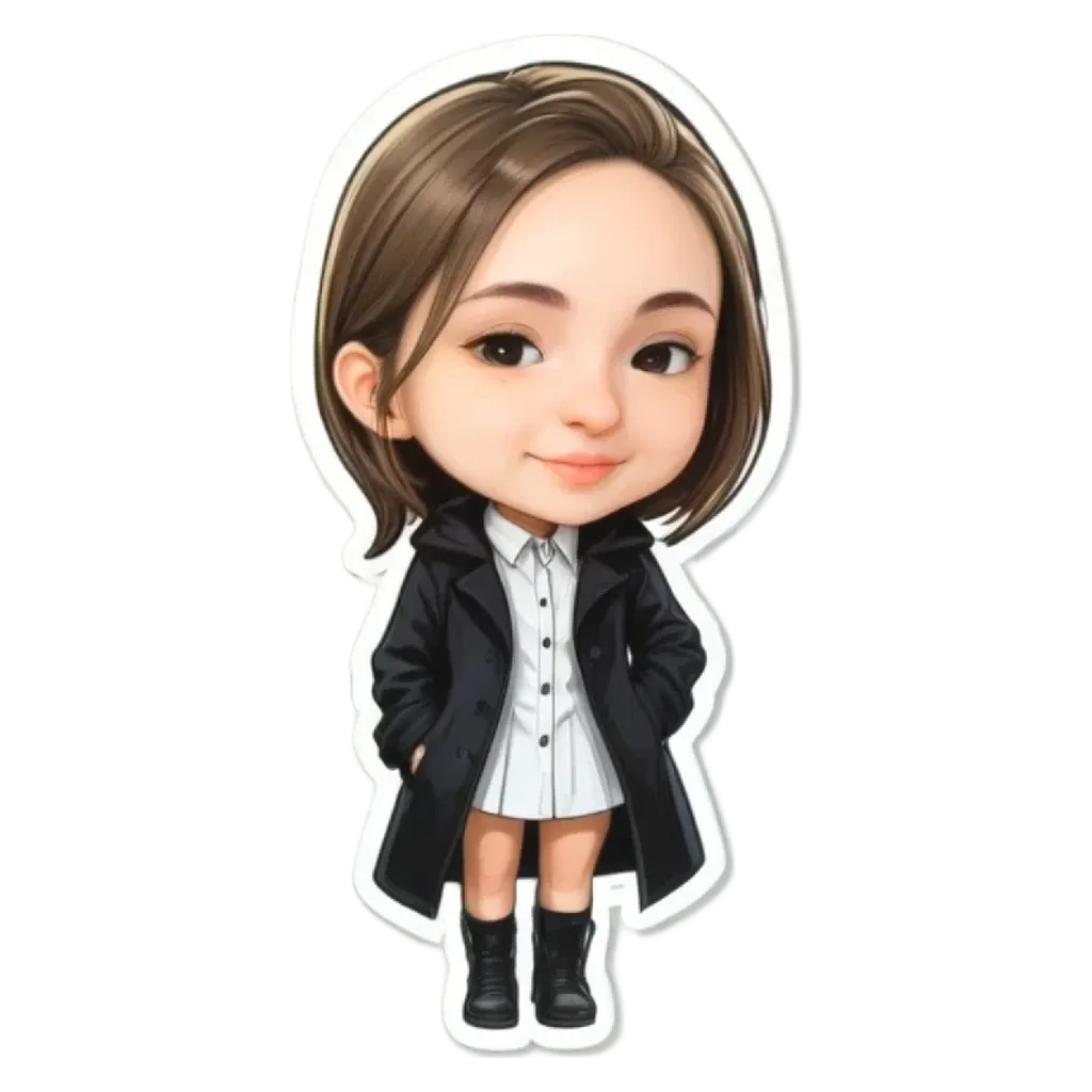A cartoon girl with a black and white dress standing with her hands in her pockets.