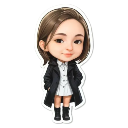 A cartoon girl with a black and white dress standing with her hands in her pockets.