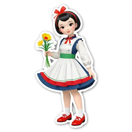 A girl holding flowers is depicted in a very detailed and colorful manner.