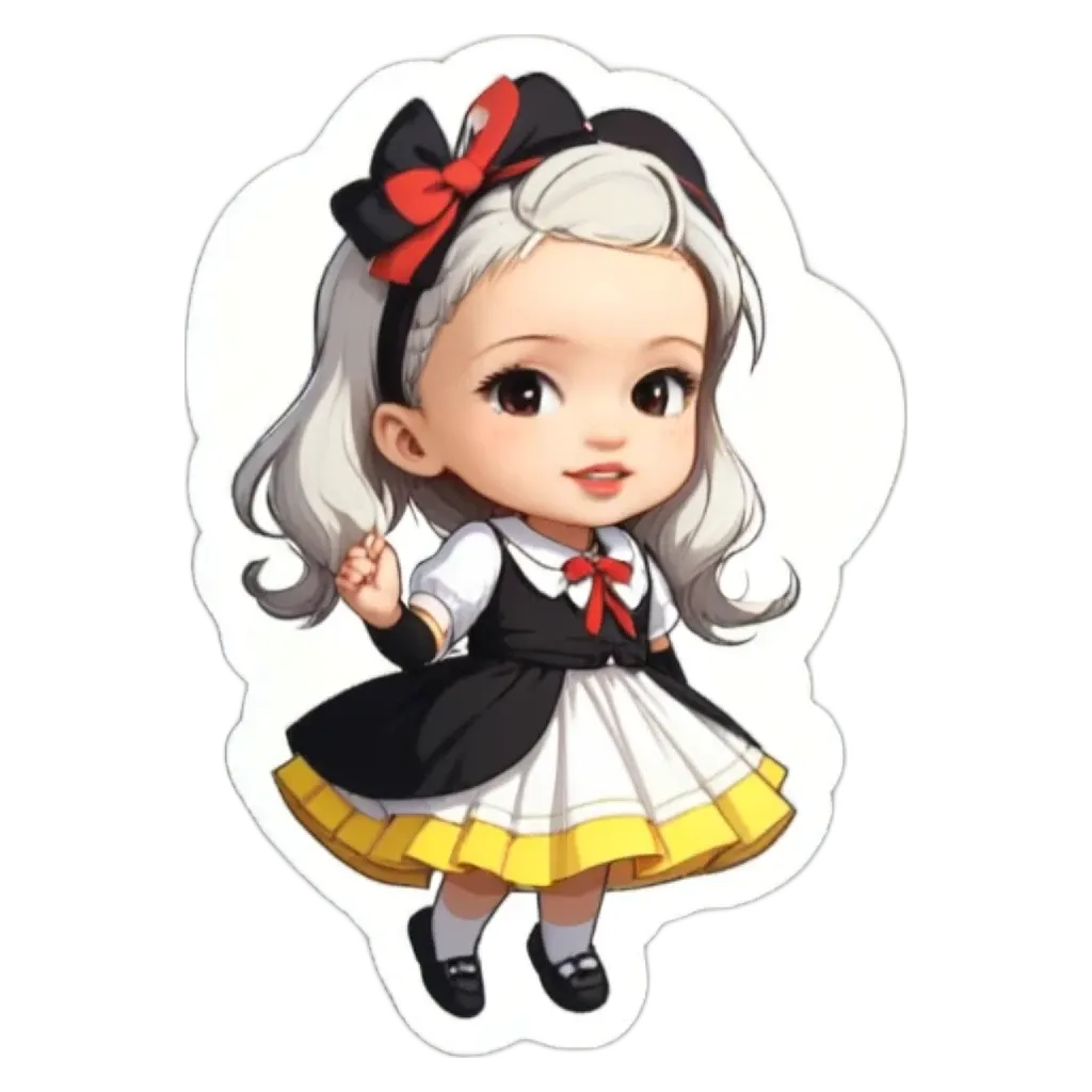 A girl is wearing a dress with a bow in her hair.