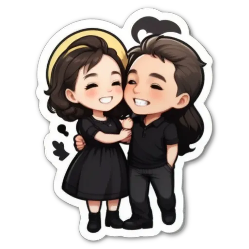 A boy and girl cartoon characters stickers are on a black background.