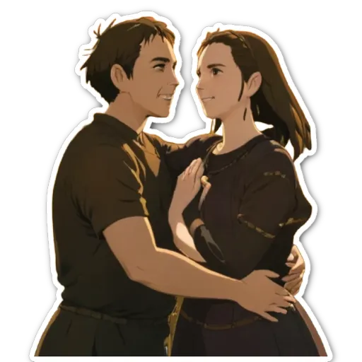 A man and a woman hugging each other in a cartoonish drawing.