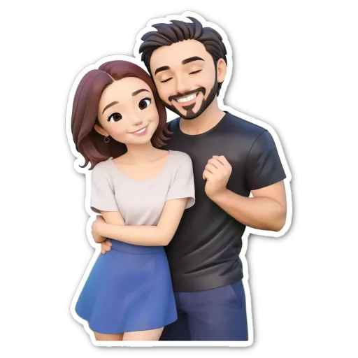 A man and woman holding each other in a cartoonish cartoon.