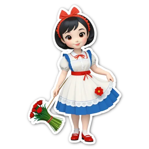 A small girl holding flowers and a broom.