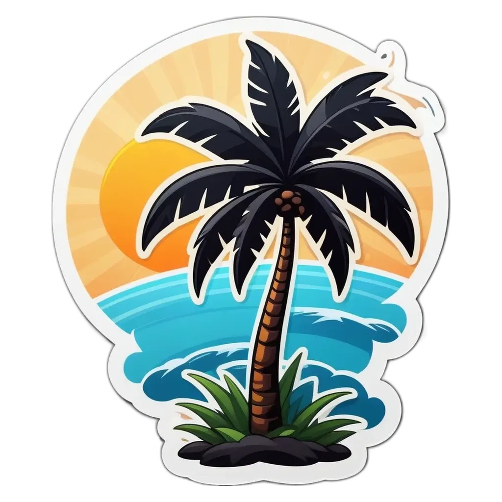 A palm tree and the ocean with a sun in the background.