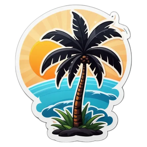 A palm tree and the ocean with a sun in the background.