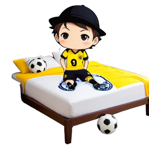 A boy is sitting on a bed with his soccer balls on it.