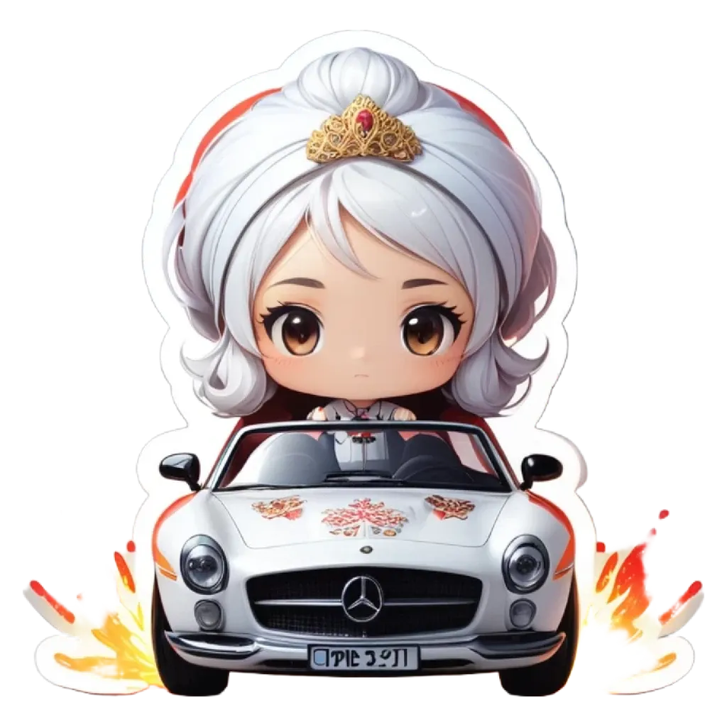 A small cartoon girl is riding in a car that is shown as being red and white.