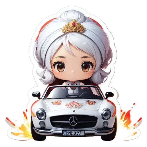 A small cartoon girl is riding in a car that is shown as being red and white.