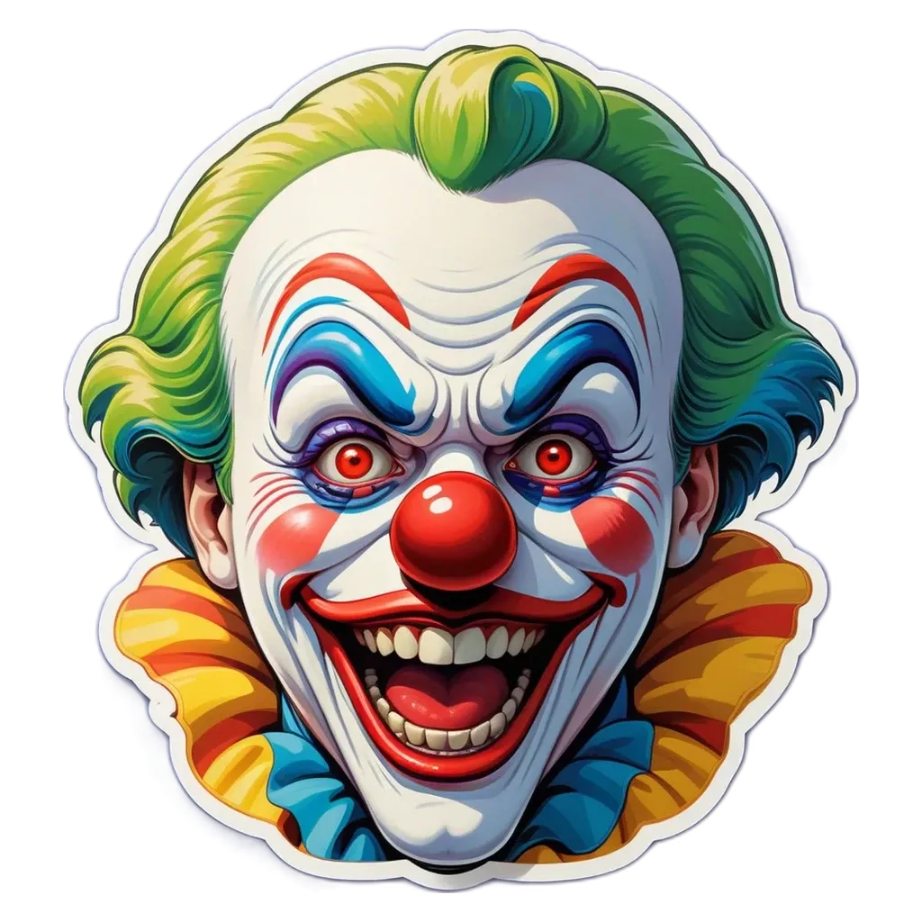 A clown mask with red eyes and red lips.