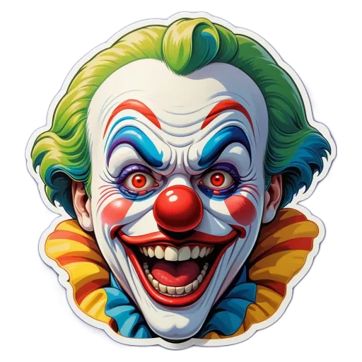 A clown mask with red eyes and red lips.