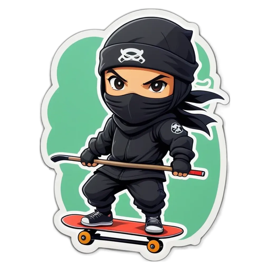 A sticker of a black character holding a skateboard and wearing a mask.