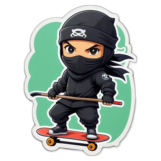 A sticker of a black character holding a skateboard and wearing a mask.