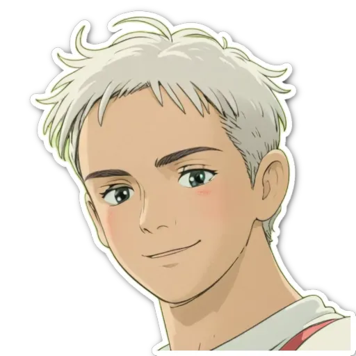 An anime character that is smiling with white hair.