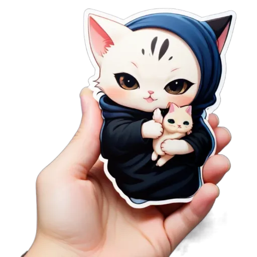 A hand holding a cat in a black hoodie.