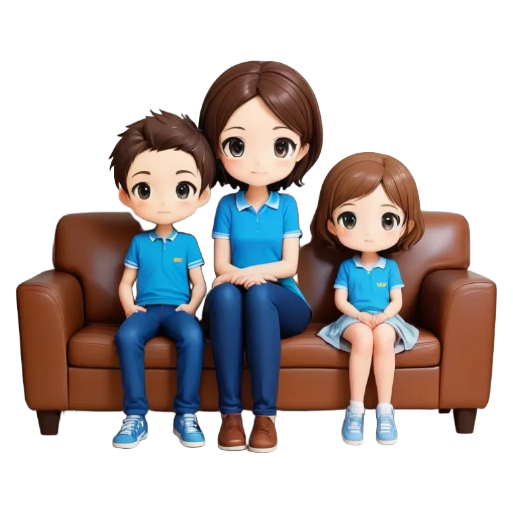 A cartoon picture of a mother, father and daughter sitting on a couch.