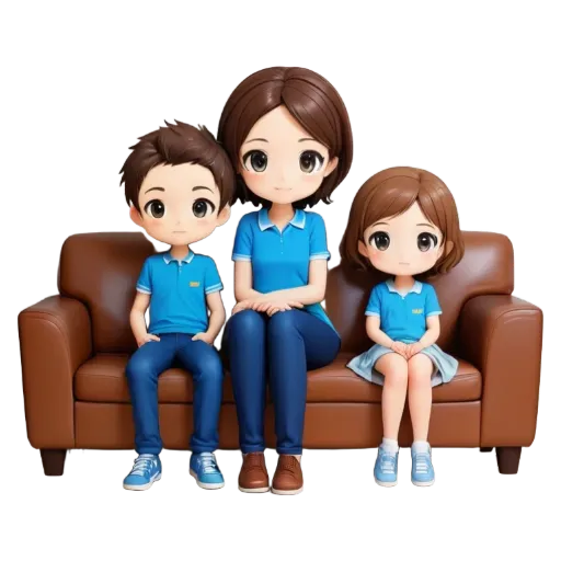 A cartoon picture of a mother, father and daughter sitting on a couch.