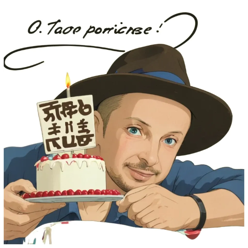 a man with a birthday cake is holding it up.