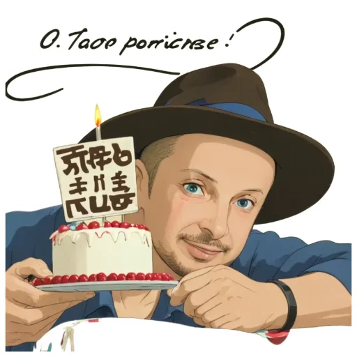 a man with a birthday cake is holding it up.