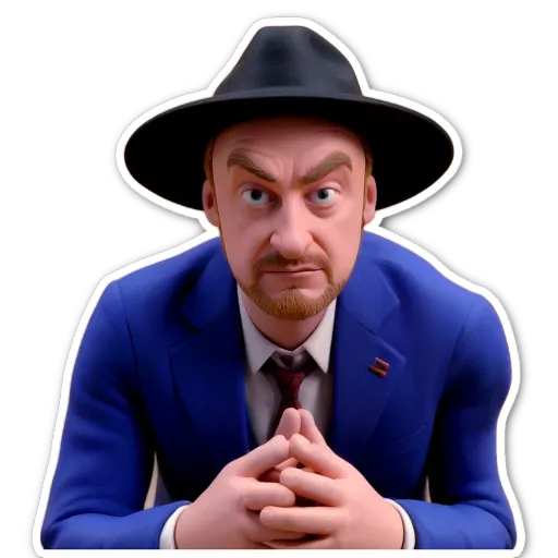 A sticker of a man in a suit with a hat.