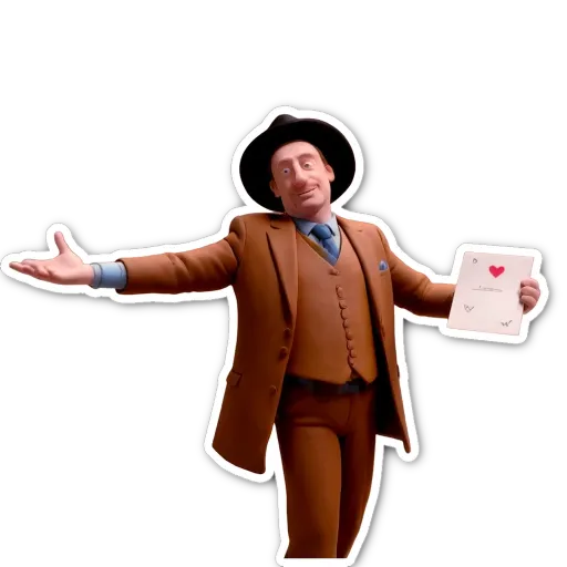 A man wearing a brown suit with a red heart in the middle of the front of the suit.