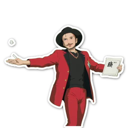 A man in a red jacket holding a paper with Chinese writing on it.
