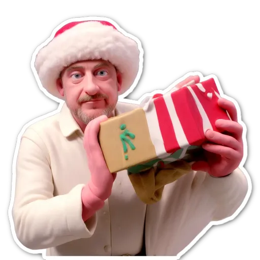 A plastic man holding a real present with a green 'with' button on the present.