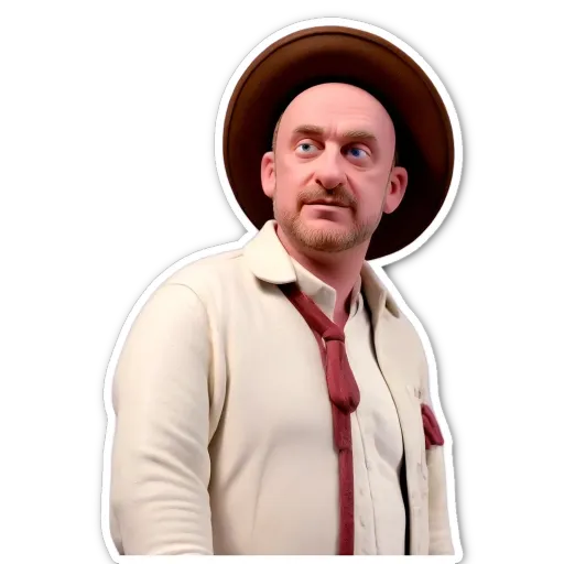 A sticker of a man with a tie and hat.