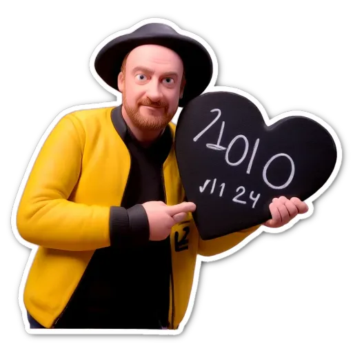 A man wearing a yellow jacket holds a black heart with the number 2010 on it.