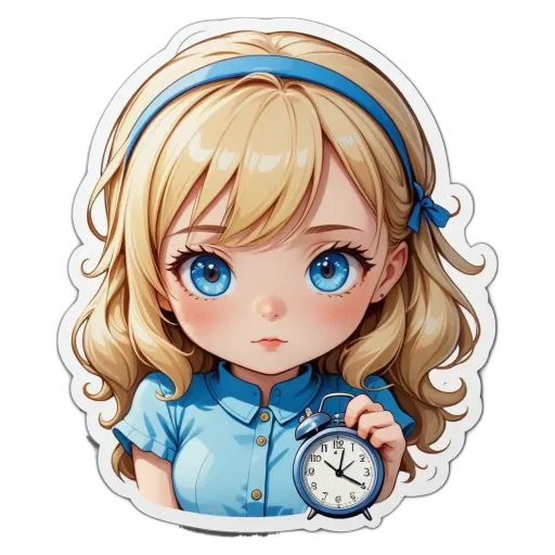 A girl with a blue headband holding a clock that is almost a quarter past 9.
