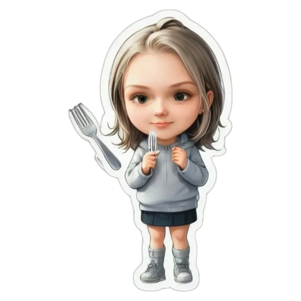 A girl holding a fork in a picture.