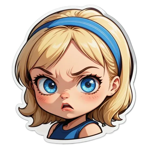 A girl with blue eyes and a frown on her face.