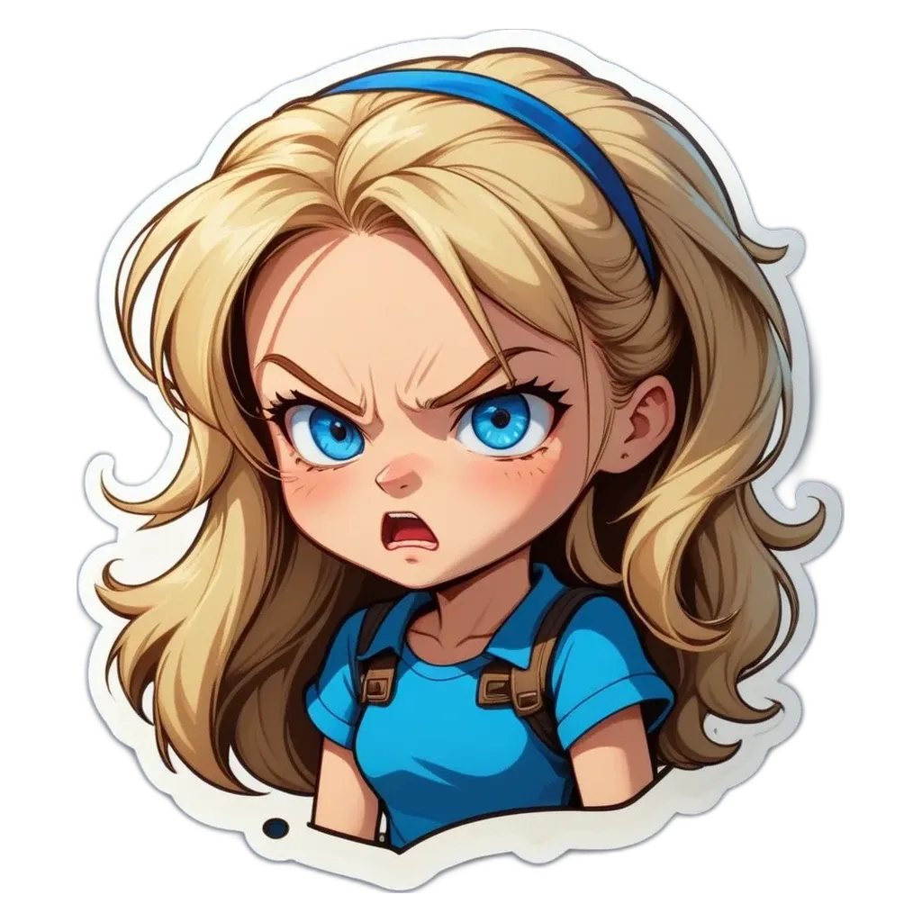 A girl with blue eyes and a blue shirt who is angry.
