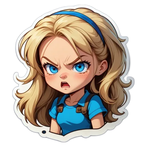 A girl with blue eyes and a blue shirt who is angry.