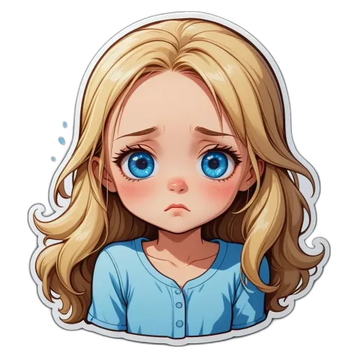 A girl with blue eyes and a frown on her face.
