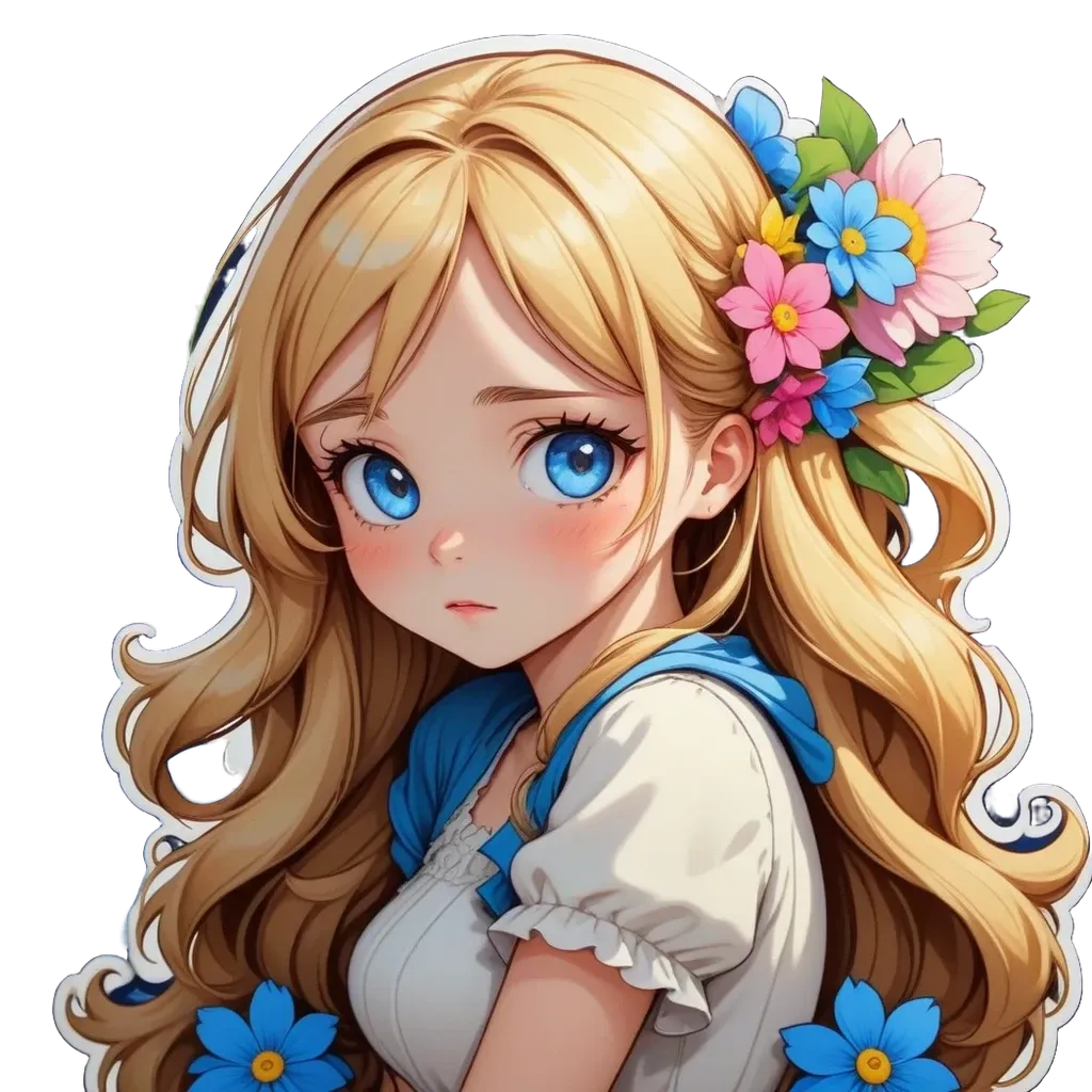 A girl with blue eyes and blonde hair wearing a white shirt.