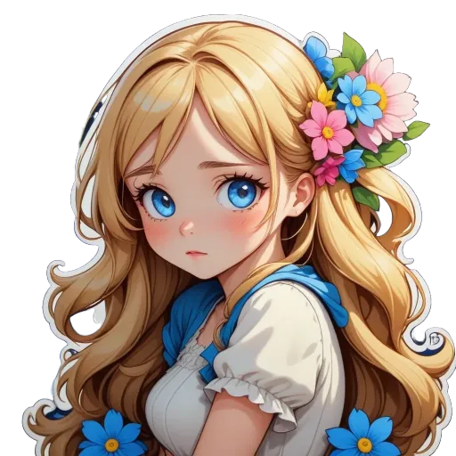 A girl with blue eyes and blonde hair wearing a white shirt.