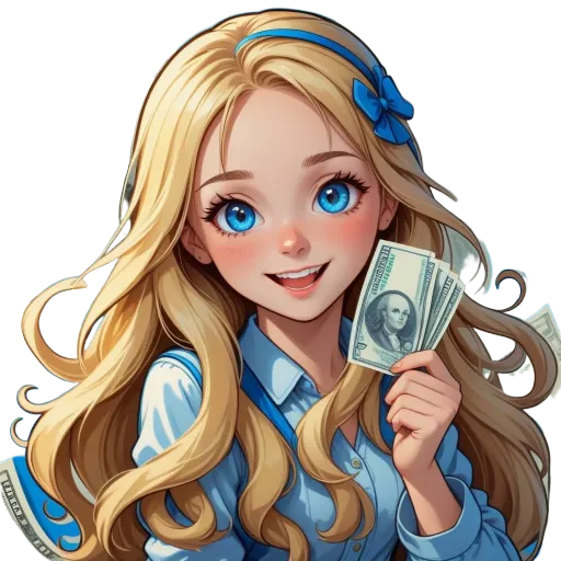 An ad of a girl holding a lot of money.