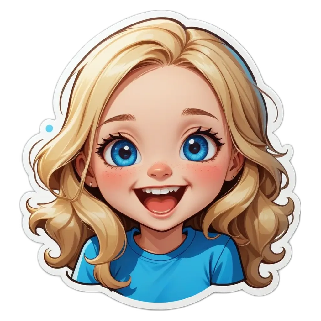 A girl with blue t-shirt and blue eyes.