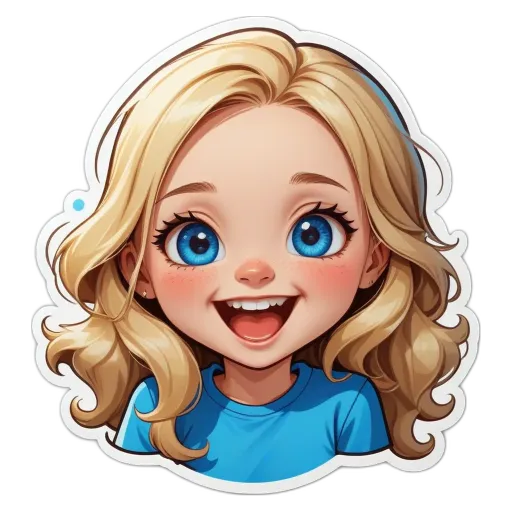 A girl with blue t-shirt and blue eyes.