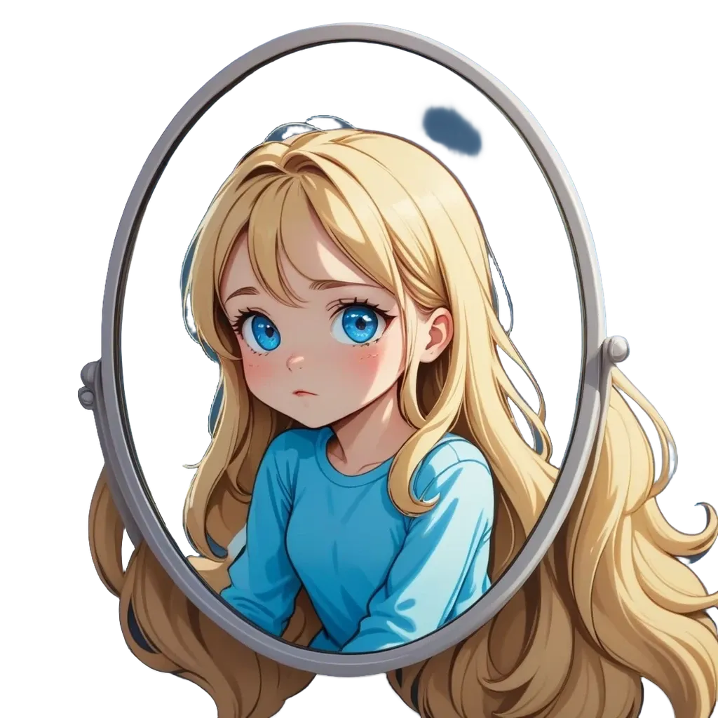 A girl with blue t-shirt and blue eyes looking at the camera.