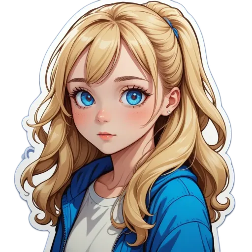 A sticker of a girl with blue eyes and long blonde hair.
