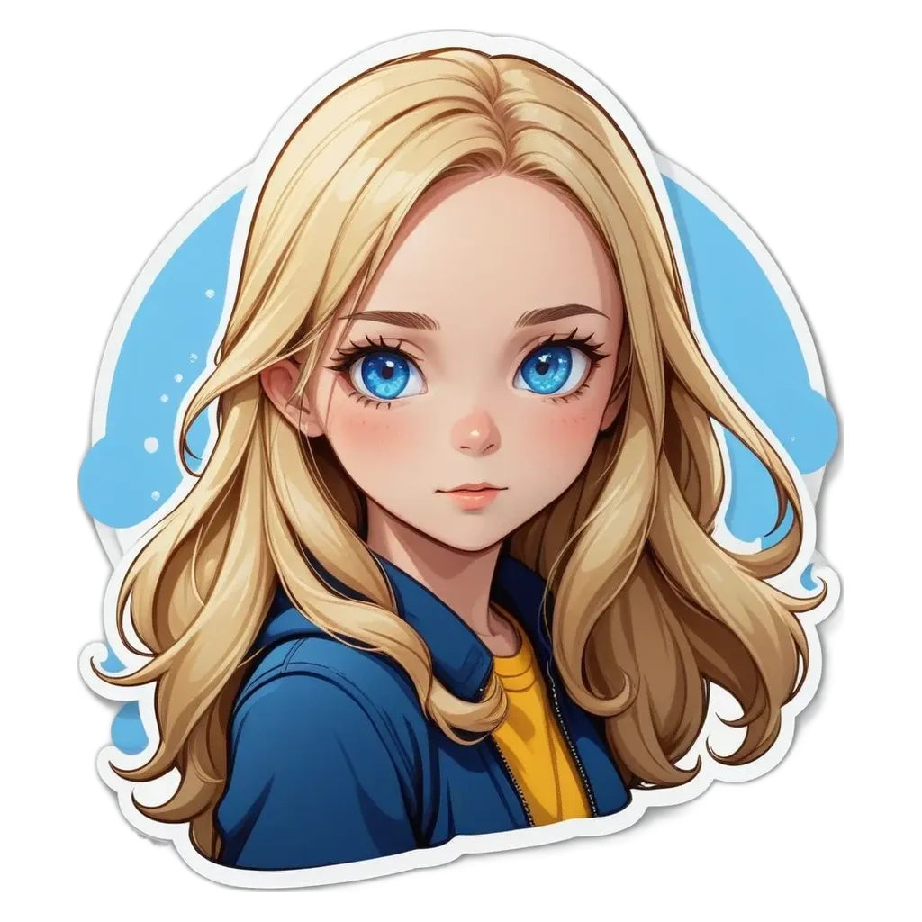 A cartoonish drawing of a girl with blue eyes.