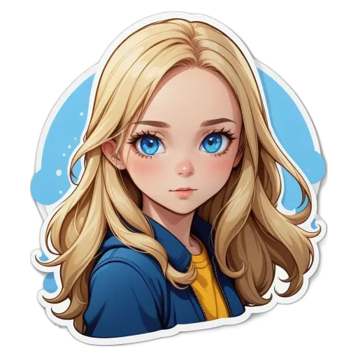 A cartoonish drawing of a girl with blue eyes.