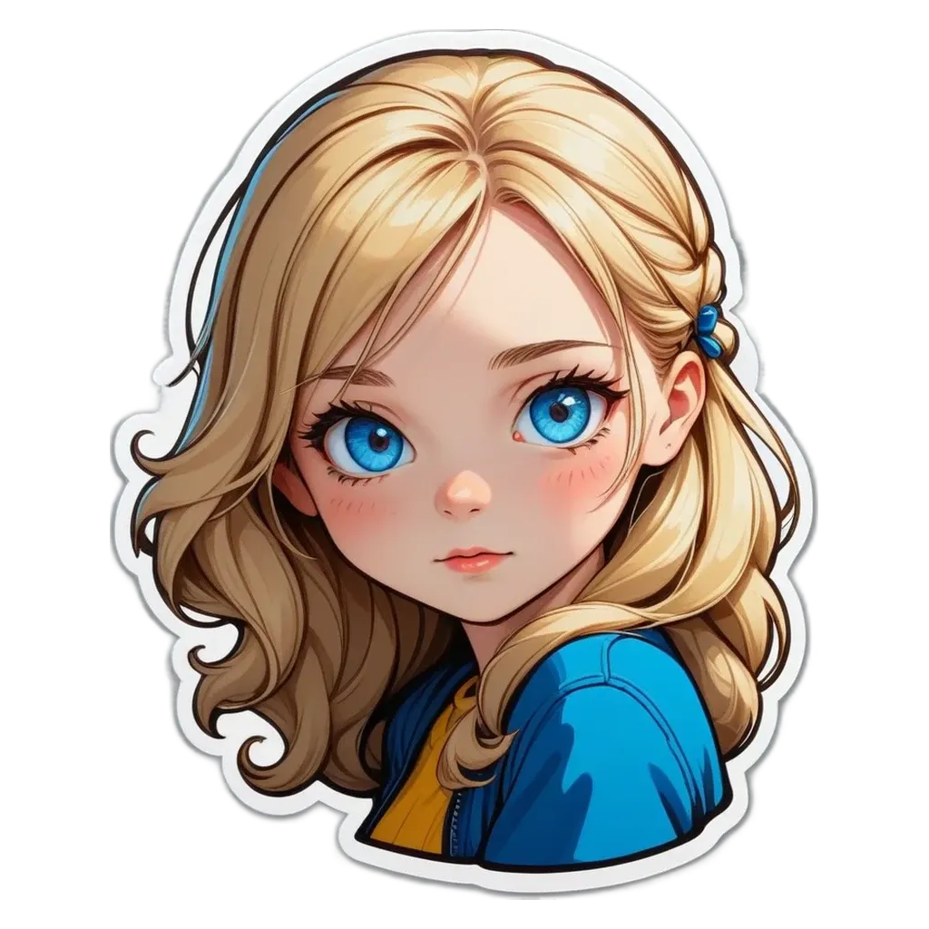 A cartoonish drawing of a girl with blue eyes.